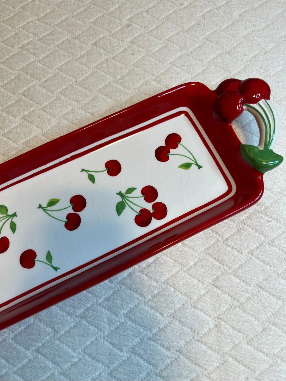 Cherry-Pattern Ceramic Serving Tray in Red and White